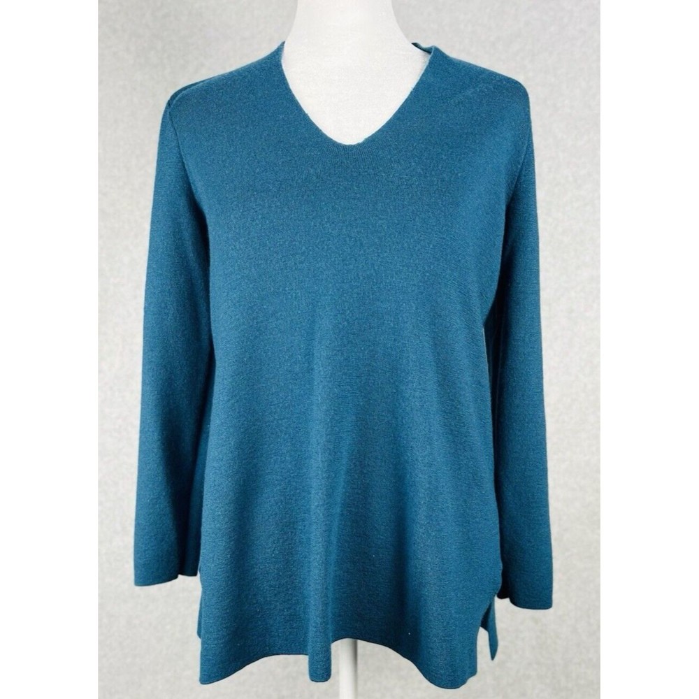 Eileen Fisher Tunic Sweater Womens XS Teal Italian Yarn V Neck Knit Pullover - Picture 2 of 14